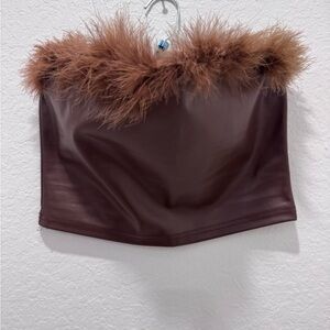 Faux Leather Feather Trim Brown Crop Tube Top